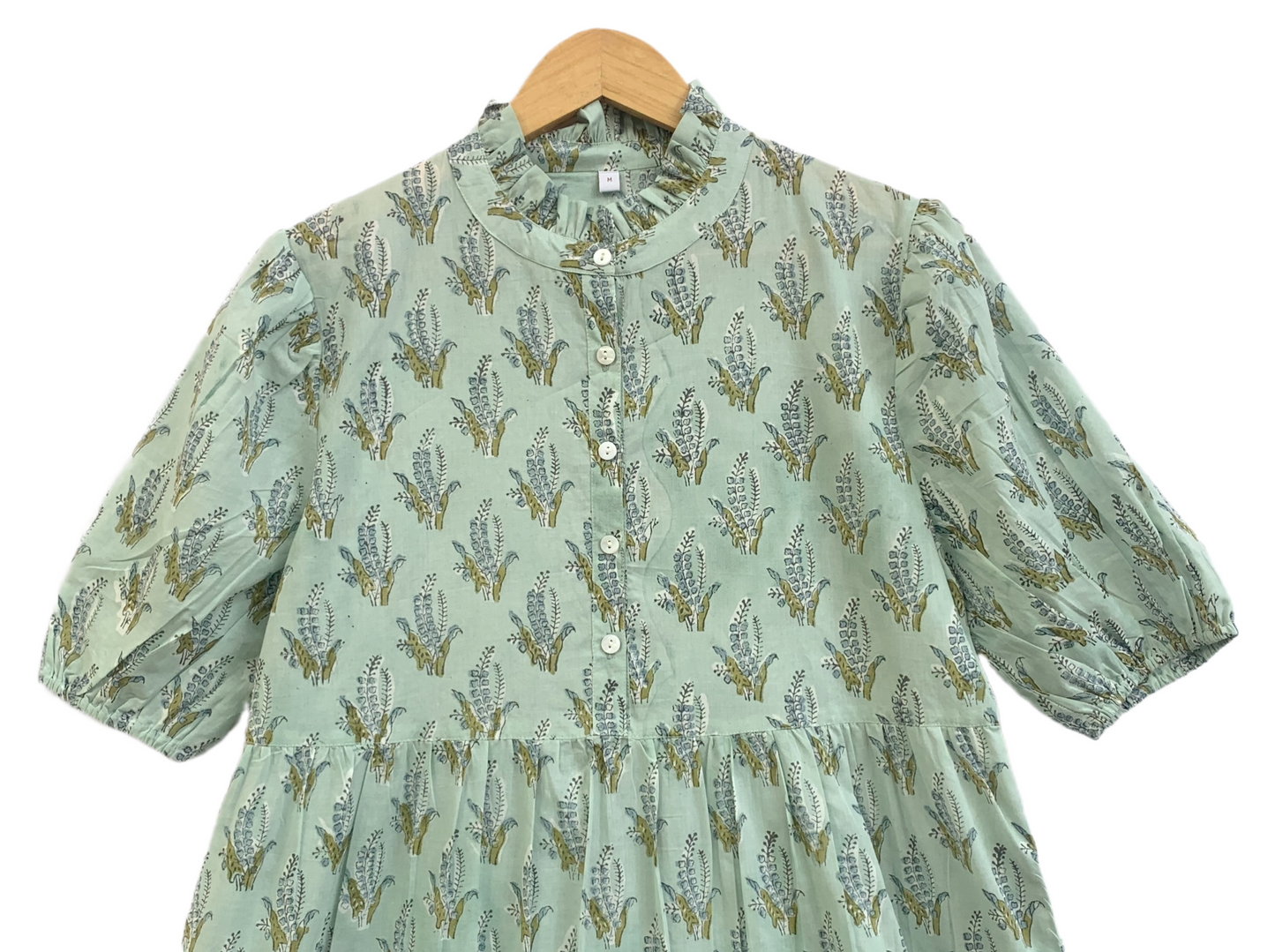 Mint Green Floral Cotton Maxi Dress – Hand Block Print Boho Tiered Style