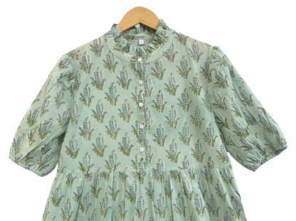 Mint Green Floral Cotton Maxi Dress – Hand Block Print Boho Tiered Style