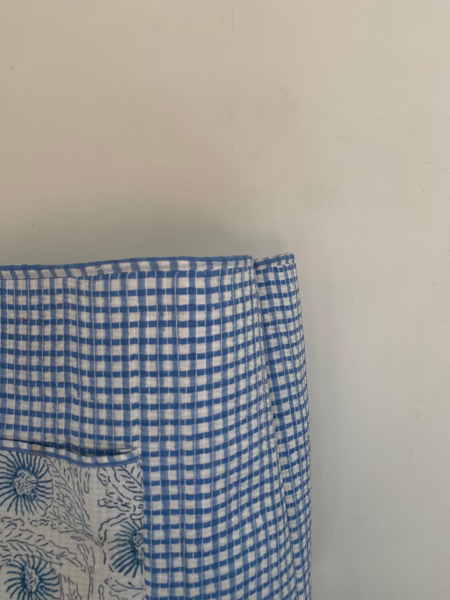 blue and white floral hand block printed womens tote bag- reversible-plaid pattern insides-with pocket-  18” x 18”  – 46cm  x 46cm