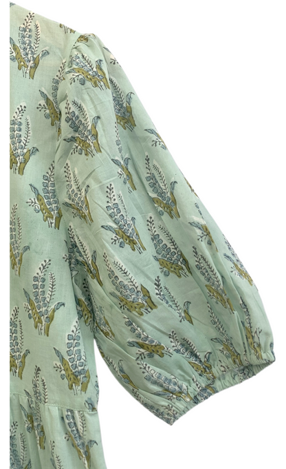 Mint Green Floral Cotton Maxi Dress – Hand Block Print Boho Tiered Style