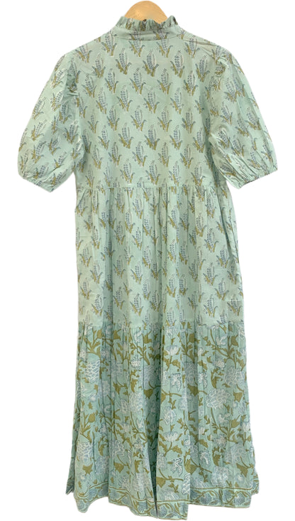 Mint Green Floral Cotton Maxi Dress – Hand Block Print Boho Tiered Style