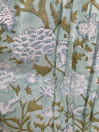 Mint Green Floral Cotton Maxi Dress – Hand Block Print Boho Tiered Style