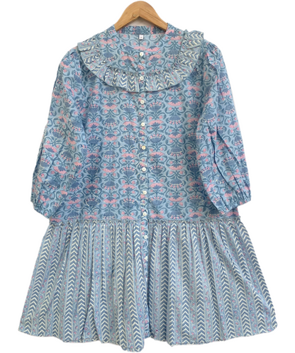 Blue Floral Cotton Mini Dress – Hand Block Print Boho Ruffle Neck Maxi