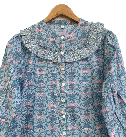 Blue Floral Cotton Mini Dress – Hand Block Print Boho Ruffle Neck Maxi