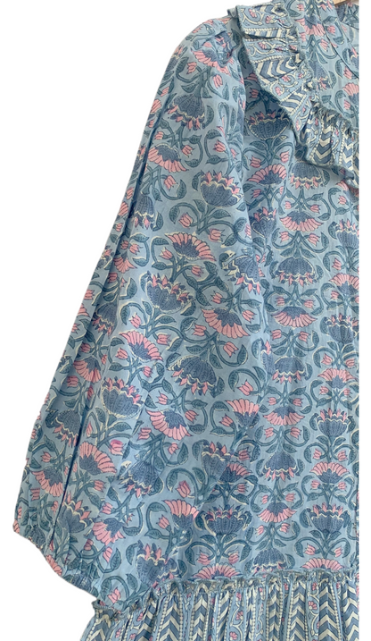 Blue Floral Cotton Mini Dress – Hand Block Print Boho Ruffle Neck Maxi