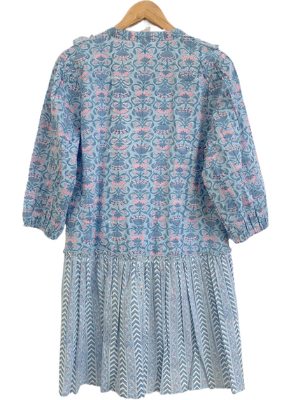 Blue Floral Cotton Mini Dress – Hand Block Print Boho Ruffle Neck Maxi