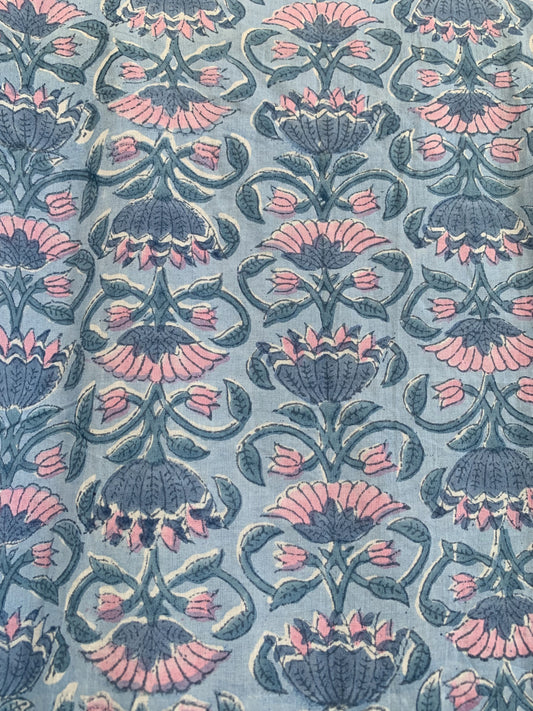 Blue Floral Cotton Mini Dress – Hand Block Print Boho Ruffle Neck Maxi