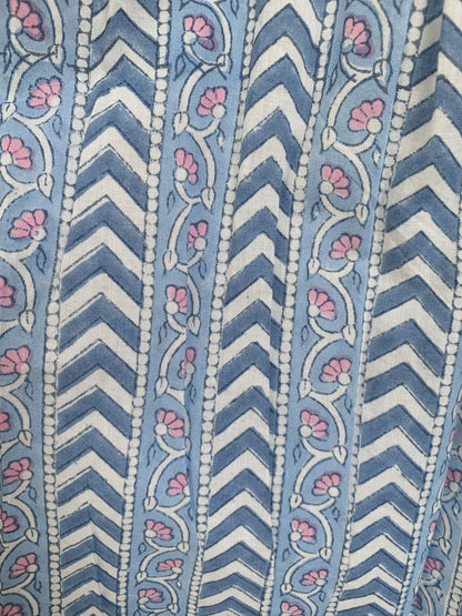 Blue Floral Cotton Mini Dress – Hand Block Print Boho Ruffle Neck Maxi