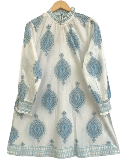 Sky Blue Cotton Mini Dress – Hand Block Print Boho Henley Neck Long Sleeve