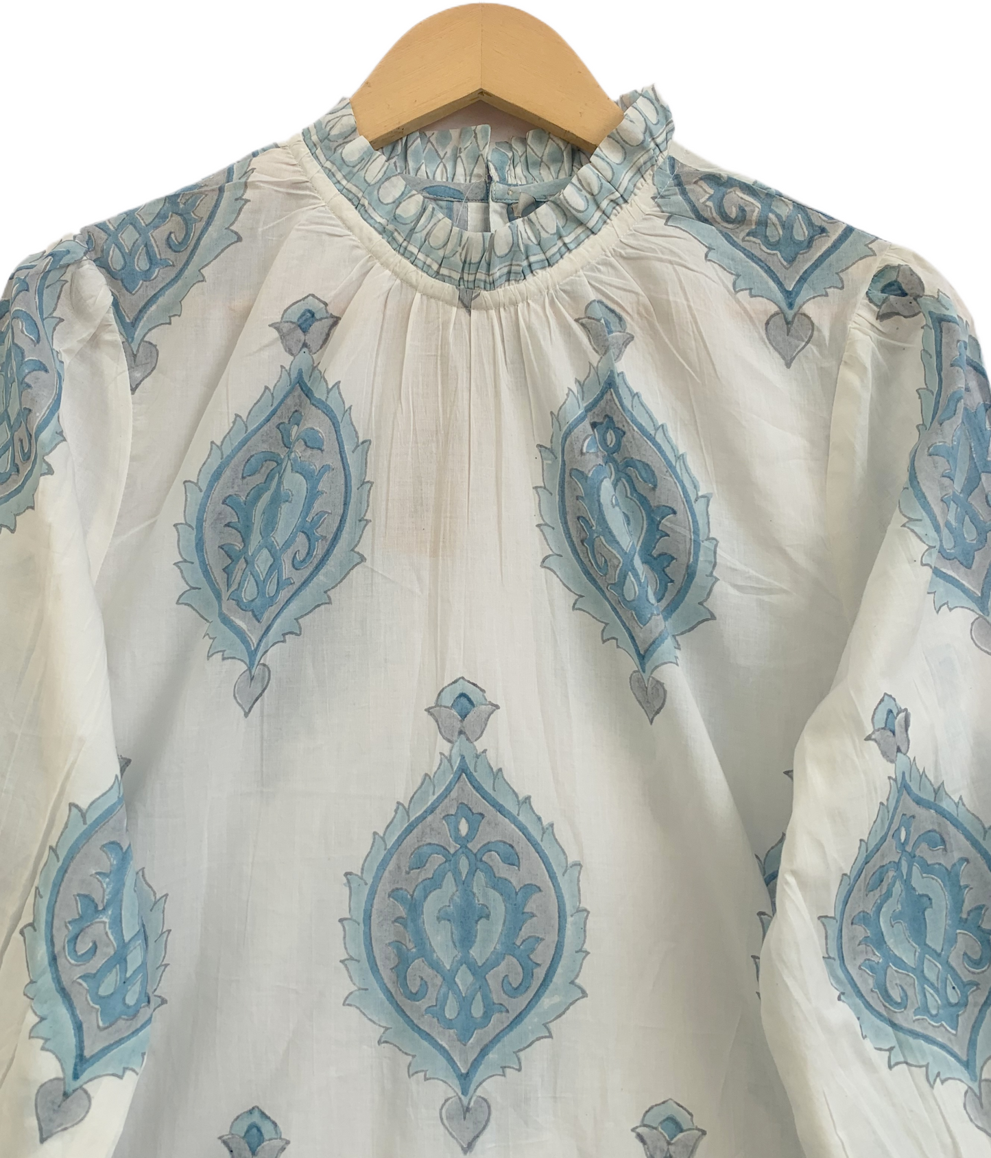 Sky Blue Cotton Mini Dress – Hand Block Print Boho Henley Neck Long Sleeve