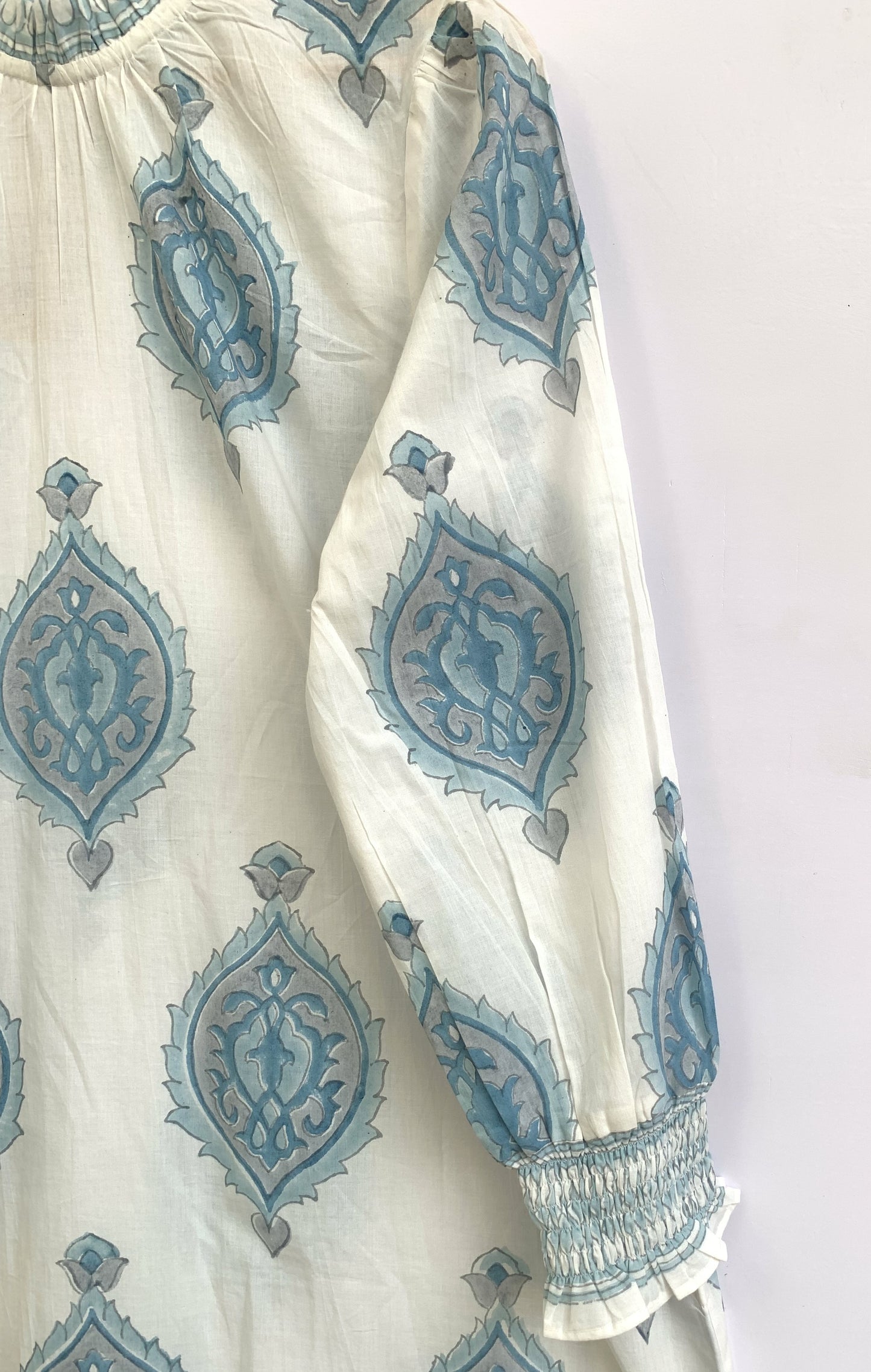 Sky Blue Cotton Mini Dress – Hand Block Print Boho Henley Neck Long Sleeve