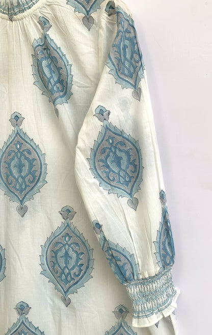 Sky Blue Cotton Mini Dress – Hand Block Print Boho Henley Neck Long Sleeve