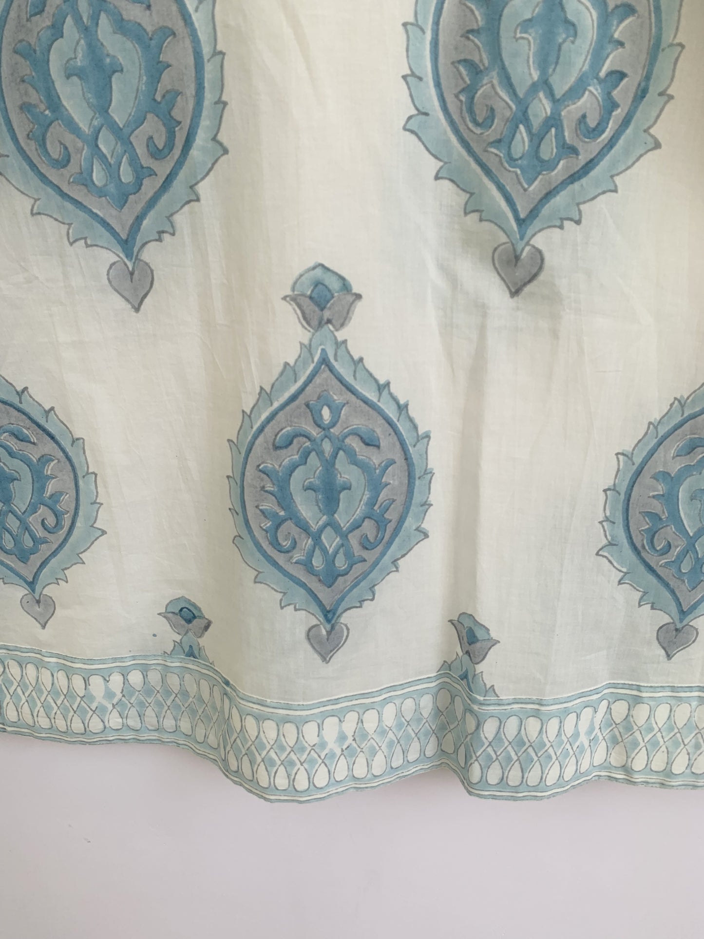 Sky Blue Cotton Mini Dress – Hand Block Print Boho Henley Neck Long Sleeve