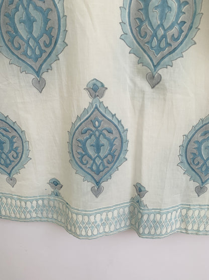 Sky Blue Cotton Mini Dress – Hand Block Print Boho Henley Neck Long Sleeve