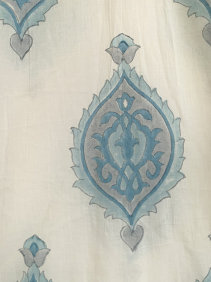 Sky Blue Cotton Mini Dress – Hand Block Print Boho Henley Neck Long Sleeve