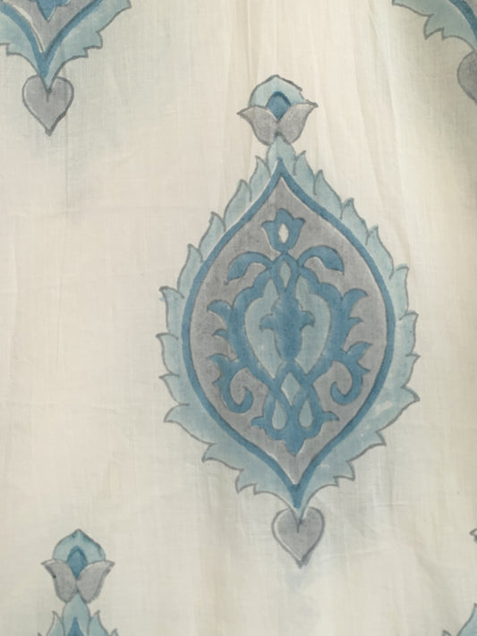 Sky Blue Cotton Mini Dress – Hand Block Print Boho Henley Neck Long Sleeve