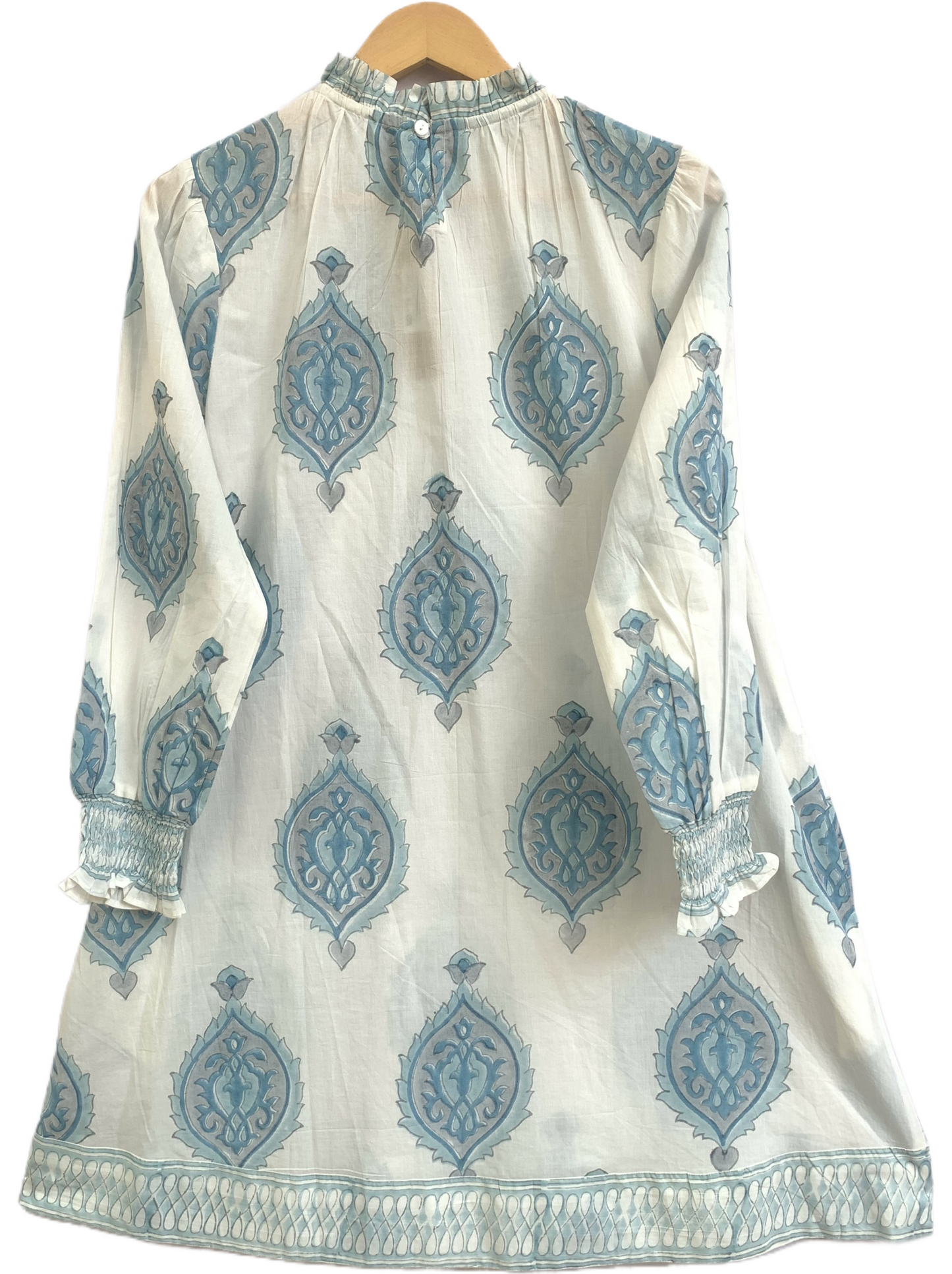Sky Blue Cotton Mini Dress – Hand Block Print Boho Henley Neck Long Sleeve