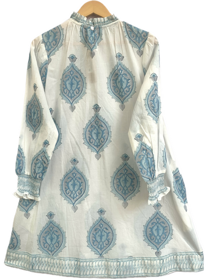 Sky Blue Cotton Mini Dress – Hand Block Print Boho Henley Neck Long Sleeve