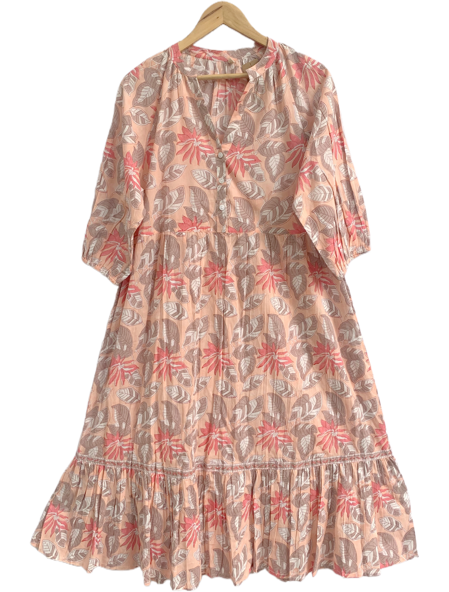 Peach Floral Hand Block Print Cotton Midi Dress – Boho Tiered Summer Dress