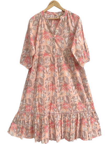 Peach Floral Hand Block Print Cotton Midi Dress – Boho Tiered Summer Dress