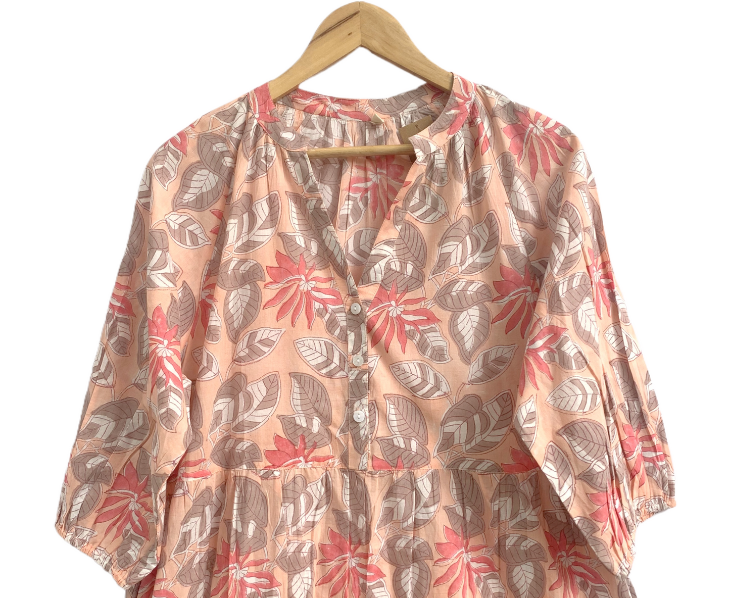 Peach Floral Hand Block Print Cotton Midi Dress – Boho Tiered Summer Dress