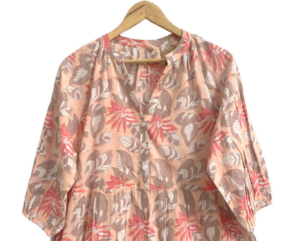 Peach Floral Hand Block Print Cotton Midi Dress – Boho Tiered Summer Dress