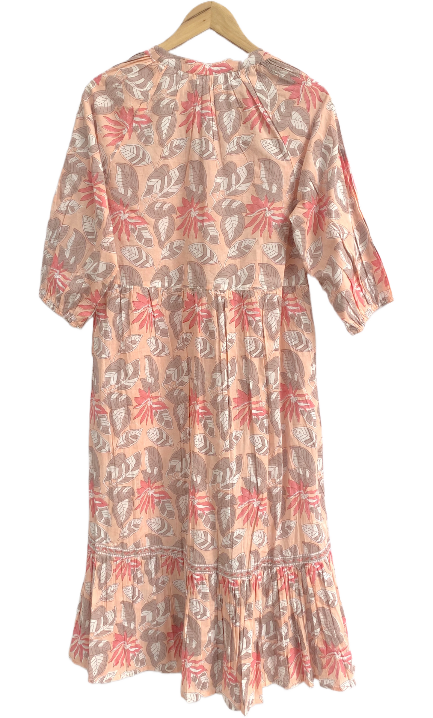 Peach Floral Hand Block Print Cotton Midi Dress – Boho Tiered Summer Dress