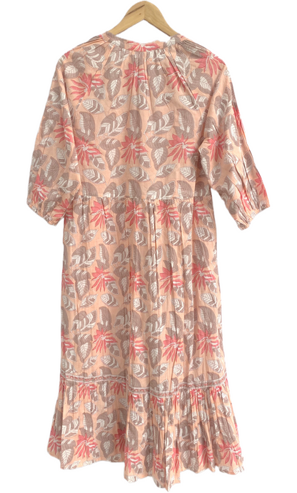 Peach Floral Hand Block Print Cotton Midi Dress – Boho Tiered Summer Dress