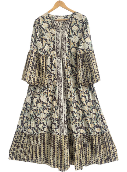 Earthy Floral Block Print Cotton Maxi Dress – Boho Chic Tiered Long Dress with Wide Bell Sleeves