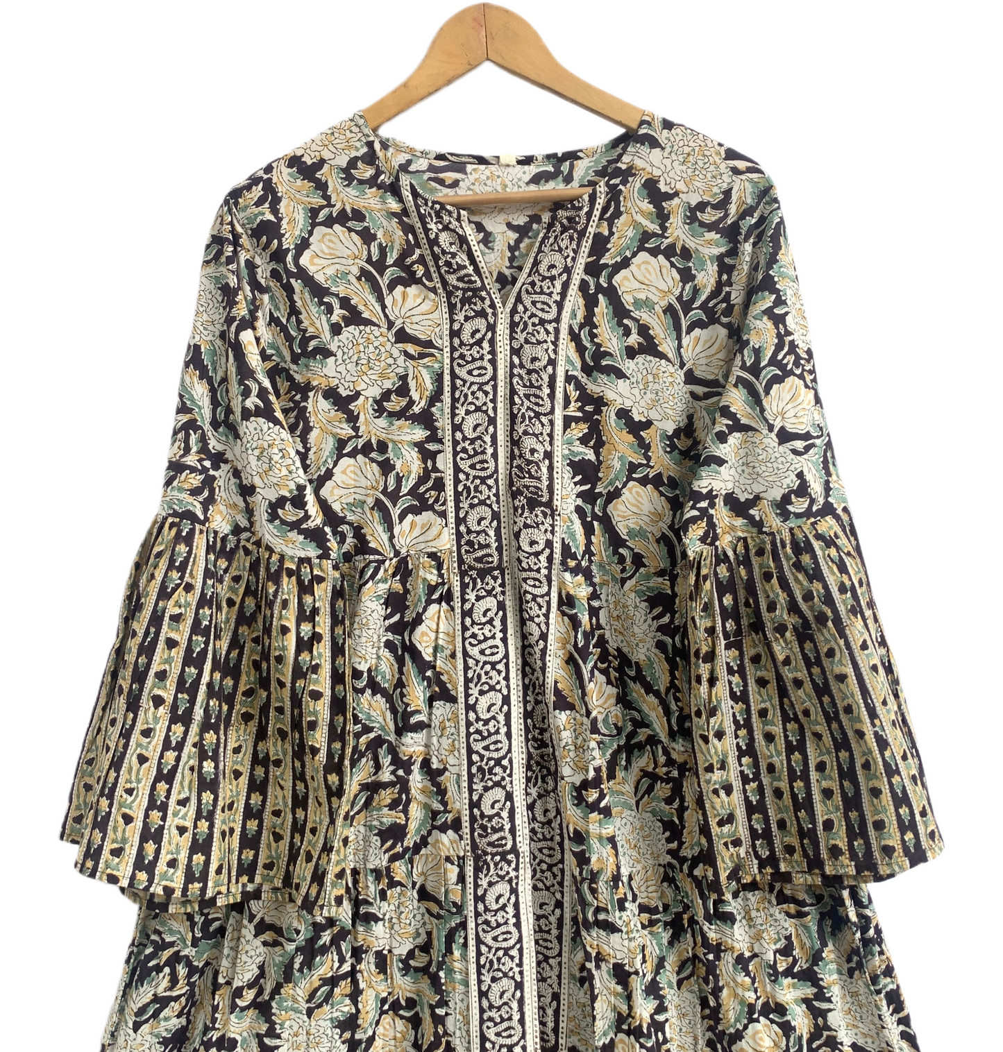 Earthy Floral Block Print Cotton Maxi Dress – Boho Chic Tiered Long Dress with Wide Bell Sleeves