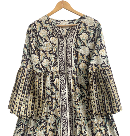 Earthy Floral Block Print Cotton Maxi Dress – Boho Chic Tiered Long Dress with Wide Bell Sleeves