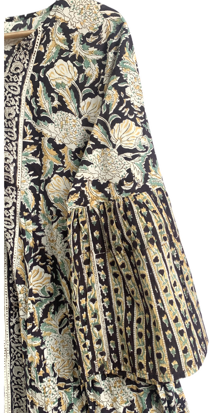 Earthy Floral Block Print Cotton Maxi Dress – Boho Chic Tiered Long Dress with Wide Bell Sleeves