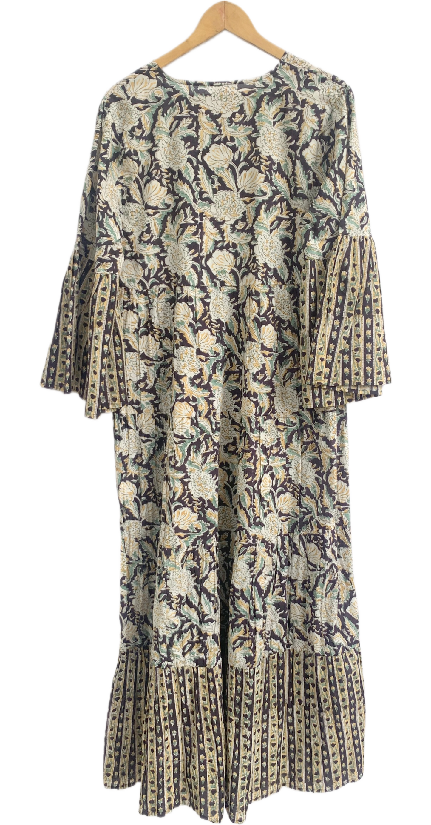 Earthy Floral Block Print Cotton Maxi Dress – Boho Chic Tiered Long Dress with Wide Bell Sleeves