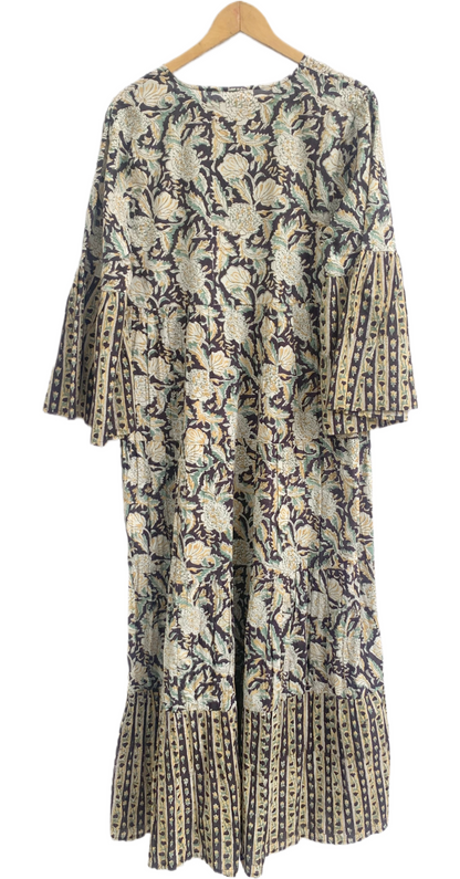 Earthy Floral Block Print Cotton Maxi Dress – Boho Chic Tiered Long Dress with Wide Bell Sleeves