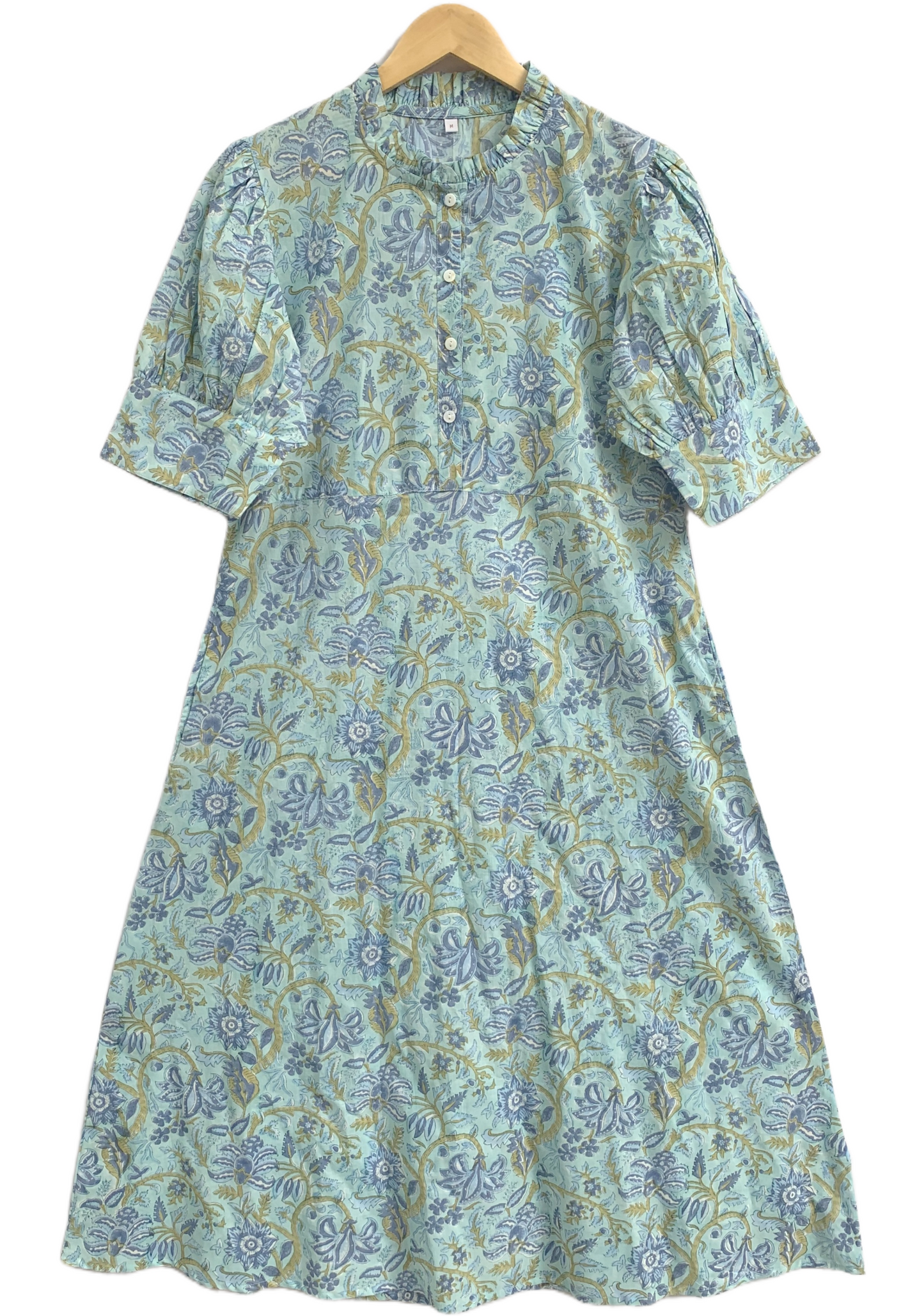 Sage Blue Floral Hand Block Print Cotton Maxi Dress – Boho Summer Dress with Puff Sleeves