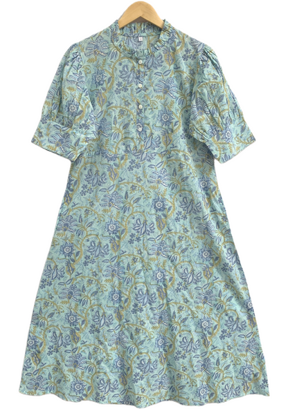 Sage Blue Floral Hand Block Print Cotton Maxi Dress – Boho Summer Dress with Puff Sleeves