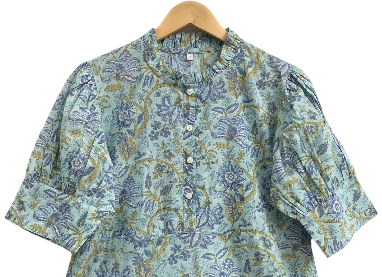 Sage Blue Floral Hand Block Print Cotton Maxi Dress – Boho Summer Dress with Puff Sleeves