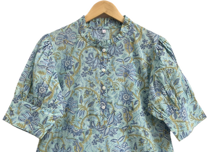 Sage Blue Floral Hand Block Print Cotton Maxi Dress – Boho Summer Dress with Puff Sleeves