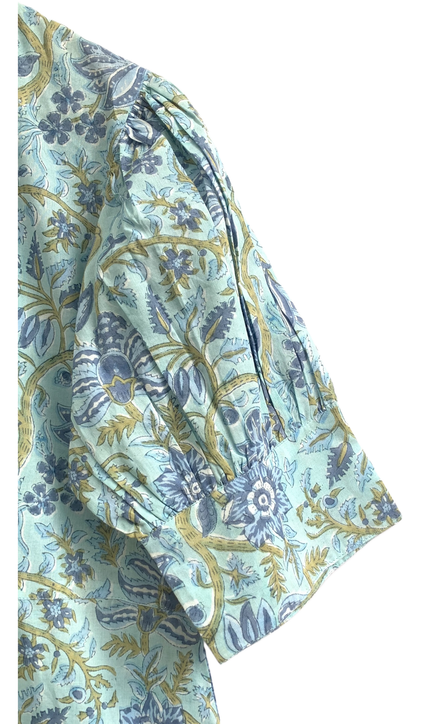 Sage Blue Floral Hand Block Print Cotton Maxi Dress – Boho Summer Dress with Puff Sleeves