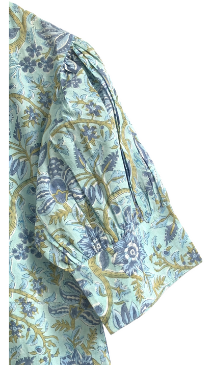 Sage Blue Floral Hand Block Print Cotton Maxi Dress – Boho Summer Dress with Puff Sleeves