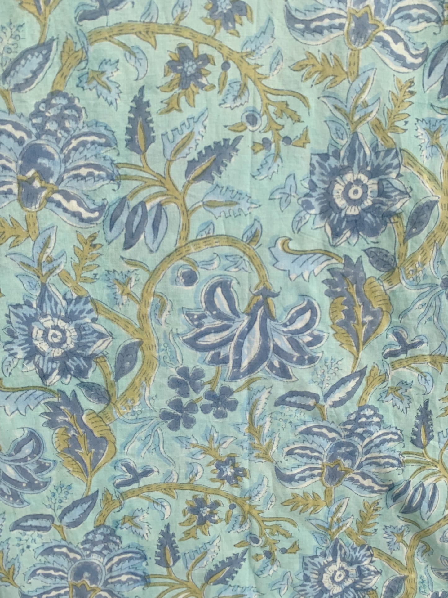 Sage Blue Floral Hand Block Print Cotton Maxi Dress – Boho Summer Dress with Puff Sleeves