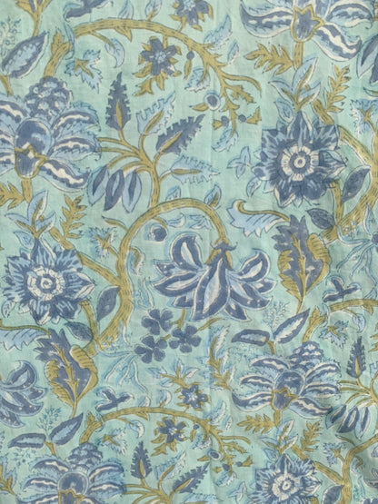 Sage Blue Floral Hand Block Print Cotton Maxi Dress – Boho Summer Dress with Puff Sleeves