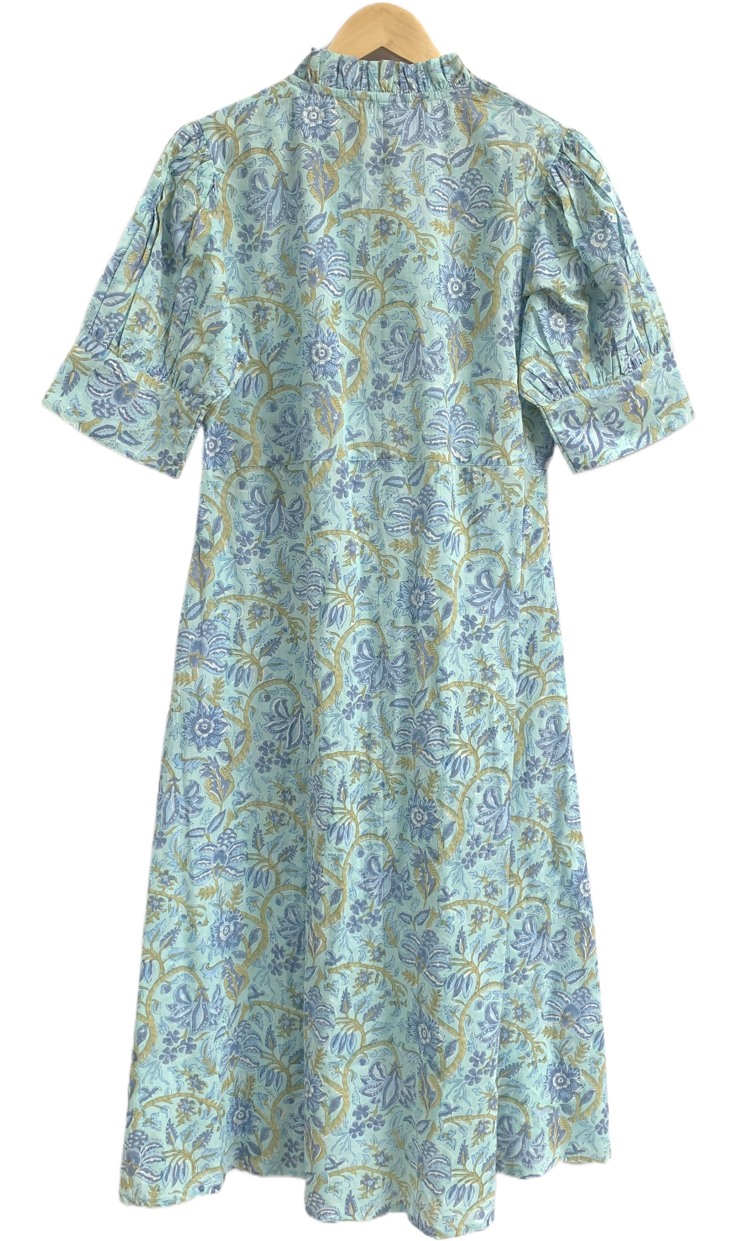 Sage Blue Floral Hand Block Print Cotton Maxi Dress – Boho Summer Dress with Puff Sleeves