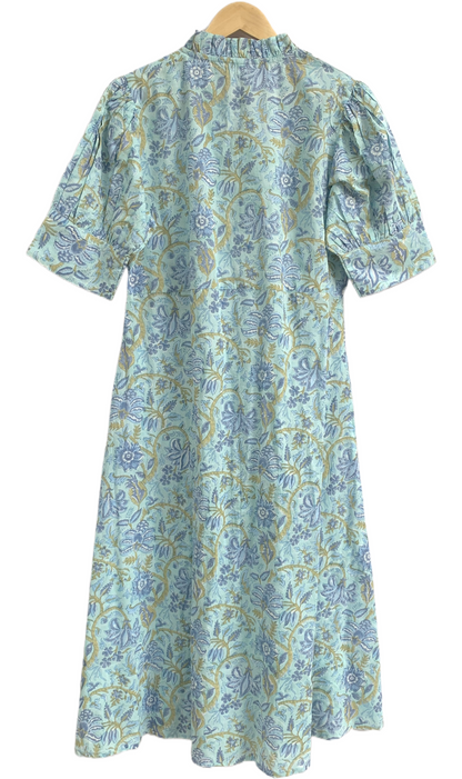 Sage Blue Floral Hand Block Print Cotton Maxi Dress – Boho Summer Dress with Puff Sleeves