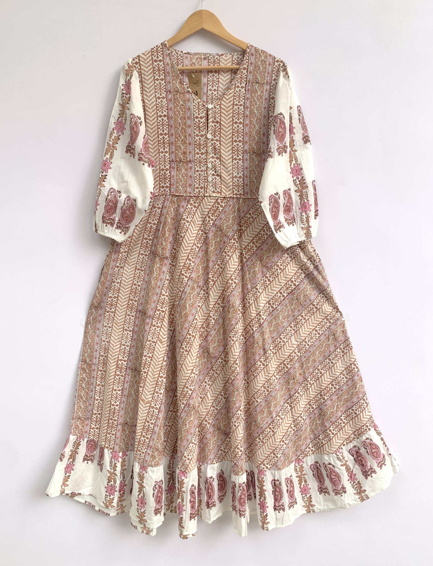 Blush Beige Floral Hand Block Print Cotton Maxi Dress – Boho Tiered Long Dress with Puff Sleeves