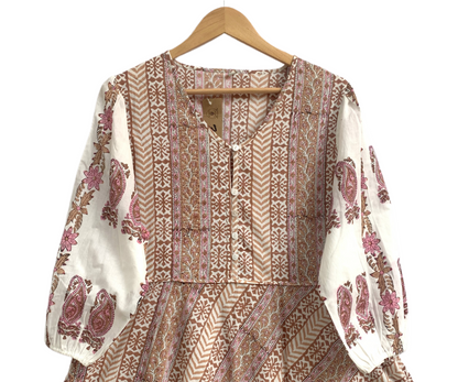 Blush Beige Floral Hand Block Print Cotton Maxi Dress – Boho Tiered Long Dress with Puff Sleeves