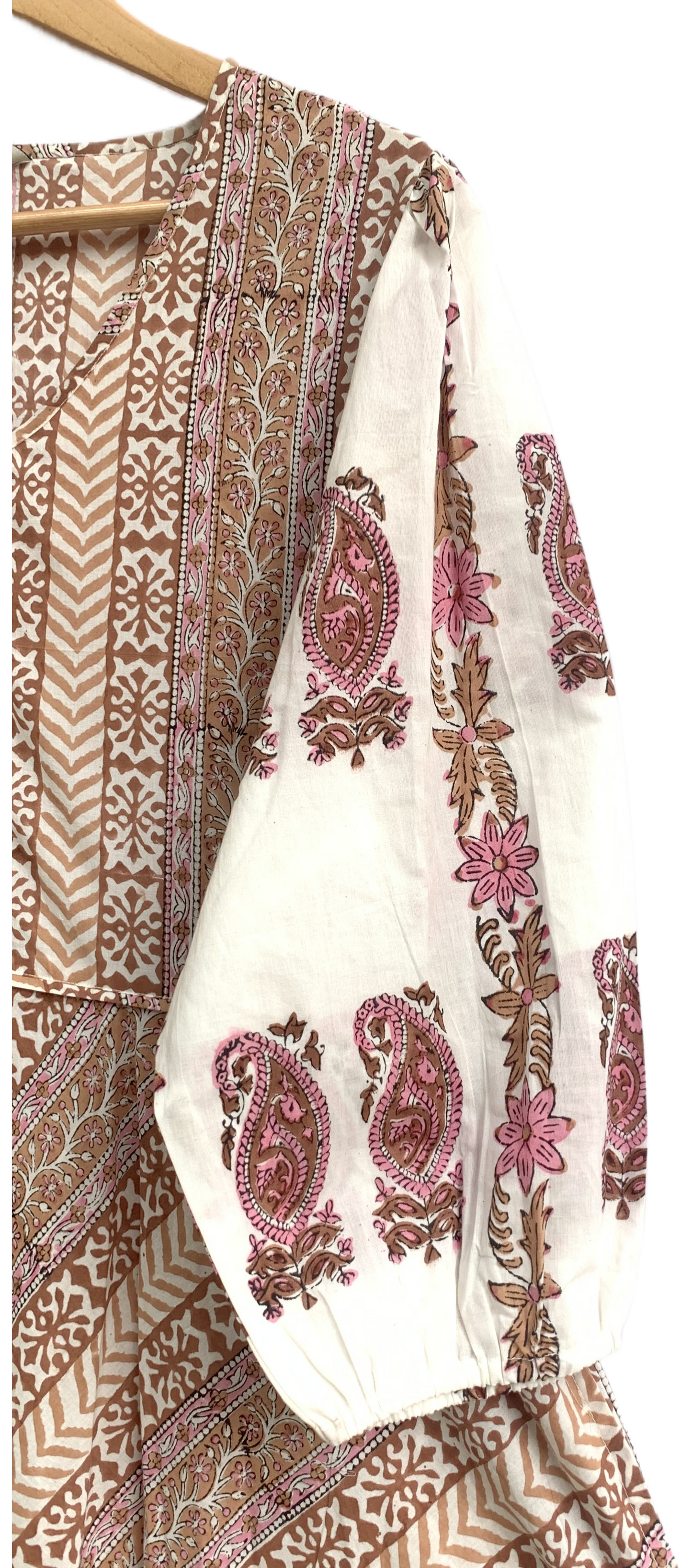 Blush Beige Floral Hand Block Print Cotton Maxi Dress – Boho Tiered Long Dress with Puff Sleeves