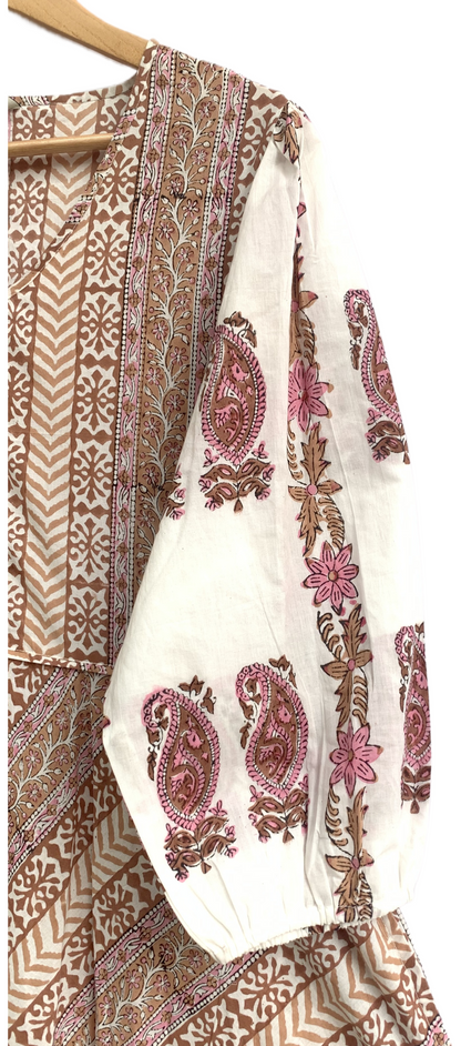 Blush Beige Floral Hand Block Print Cotton Maxi Dress – Boho Tiered Long Dress with Puff Sleeves