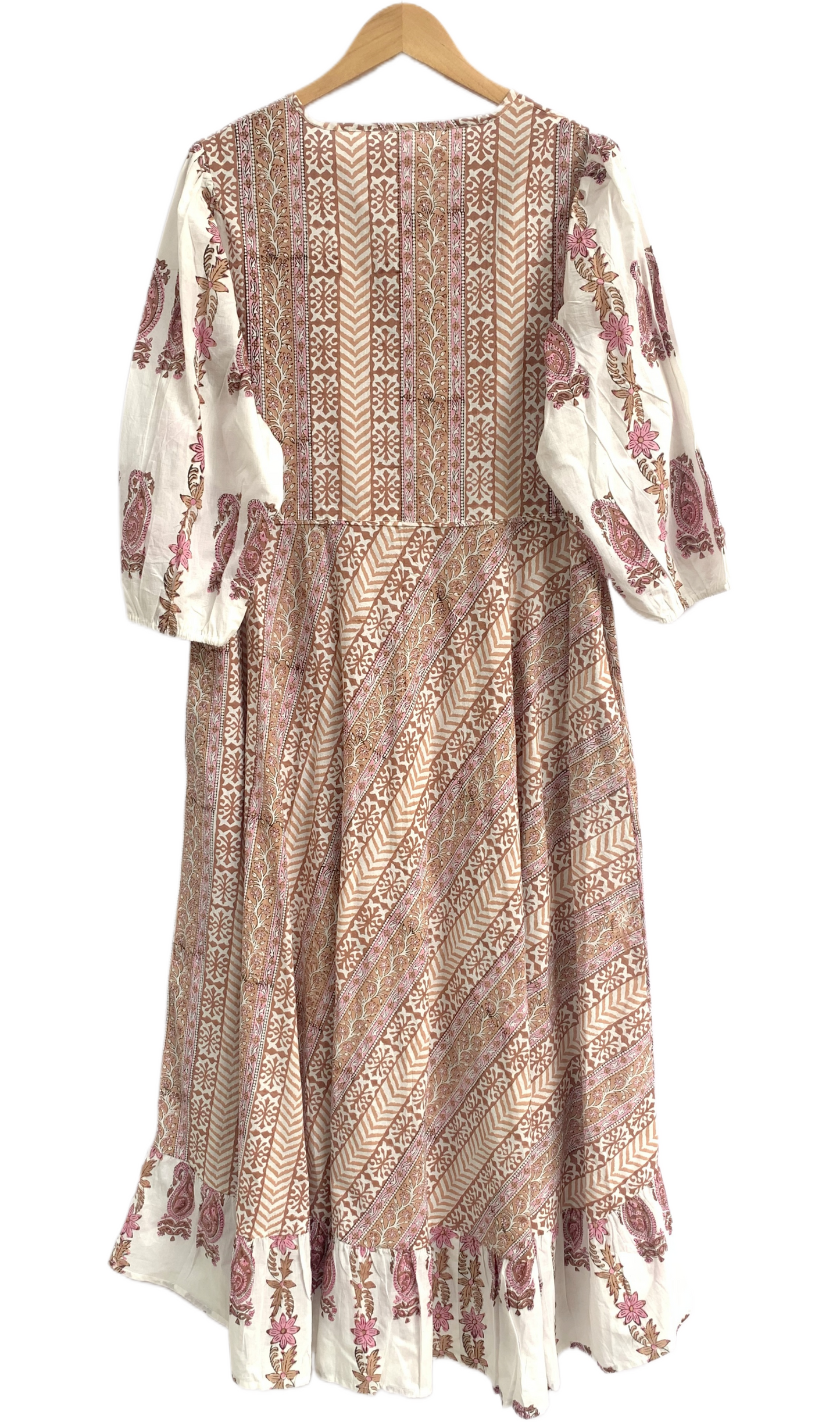 Blush Beige Floral Hand Block Print Cotton Maxi Dress – Boho Tiered Long Dress with Puff Sleeves