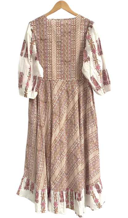 Blush Beige Floral Hand Block Print Cotton Maxi Dress – Boho Tiered Long Dress with Puff Sleeves